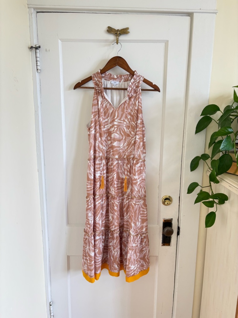 VOY Sleeveless Beige & Pink Patterned Midi Dress with Yellow Trim Small